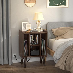 Aheaplus Record Player Stand with Power Outlet, Vinyl Stand with 4 Storage Compartments - 1 of 4