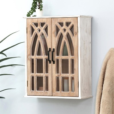 Farmhouse White and Natural Wood Cathedral-Style Wall Cabinet