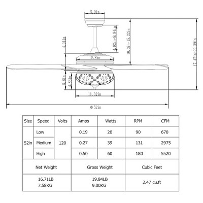52" Gray Metal and Wood Composite Ceiling Fan with Remote Control and Lighting