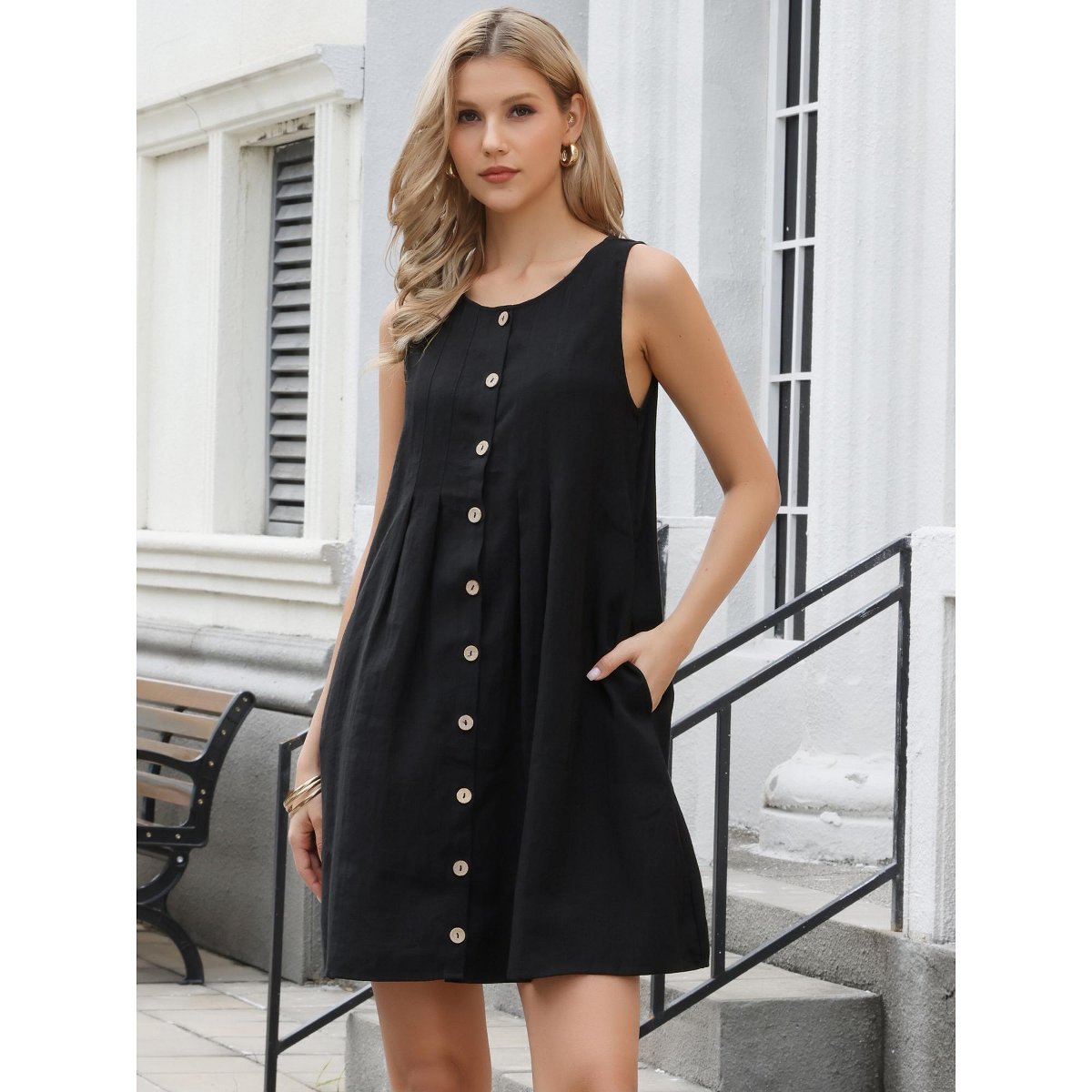 Женские платья INSPIRE CHIC Women's Sleeveless Button Down Summer Casual Round Neck Shift Mini Dresses Small Black — фото 4