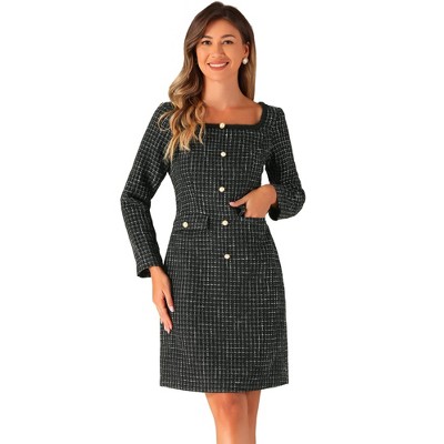 Allegra K Women's Square Neck Long Sleeve Elegant Cocktail Plaid Dress