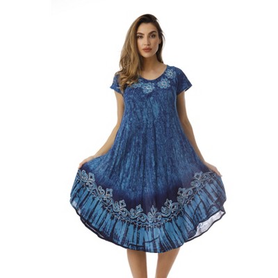 Riviera Sun Rayon Crepe Batik Marble Short Sleeve Umbrella Dress