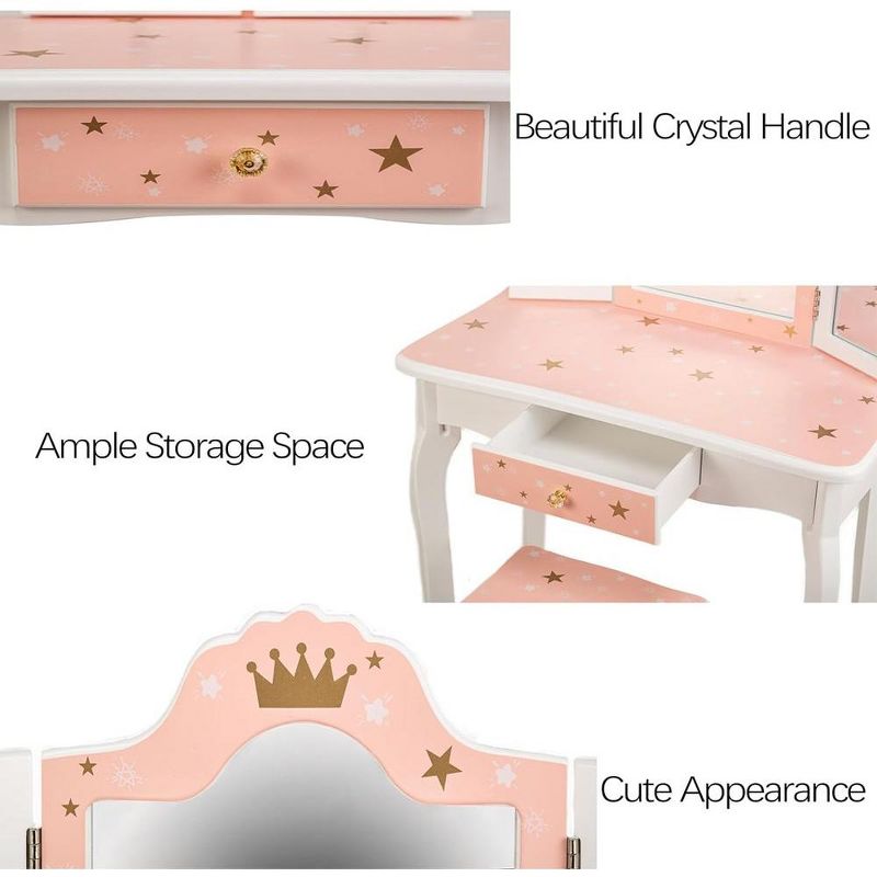 Trinity 2-in-1 Princess Vanity  Set ,Princess Makeup Table with Mirror, Stool, Tri-Folding Mirror & Drawer ,Pretend Play Dressing Table for Toddler Girls, 3 of 7