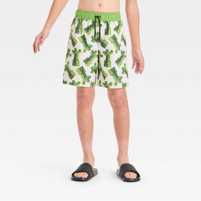 Boys' Minecraft Movie Art Swim Shorts - White/Green XS: Polyester Microfiber, Mid Rise, Pull-On, UPF 50+, Tagless Design