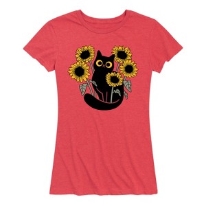 Women's - Instant Message - Black Cat in Sunflowers Short Sleeve Graphic T-Shirt - 1 of 4
