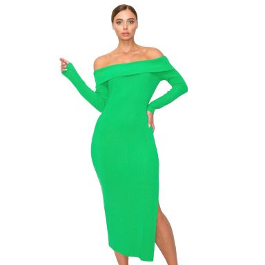 Slickblue Womens Midi Dress, Off-Shoulder Bodycon Ribbed Style, Long Sleeve with Side Slit, Green, Size S
