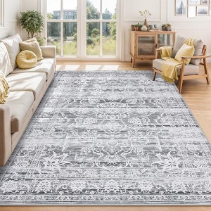 Vintage Machine Washable Area Rug for Living Room Kitchen Non Slip Non Shedding Distressed Floral Printed Carpet - 1 of 4
