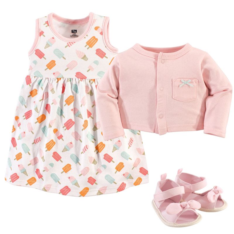 Hudson Baby Infant Girl Cotton Dress, Cardigan and Shoe 3pc Set, Ice Cream, 3 of 4