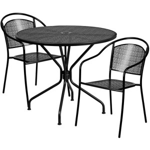 Emma and Oliver Commercial Grade 35.25" Round Black Patio Table Set-2 Round Back Chairs - 1 of 4