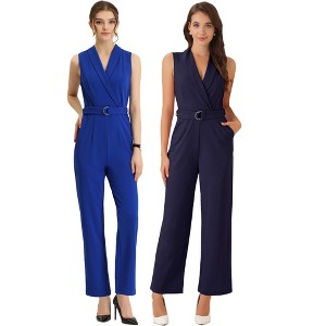 INSPIRE CHIC Women's Casual Sleeveless Shawl Collar Office Belted Cropped Jumpsuit 2 Packs - 1 of 4
