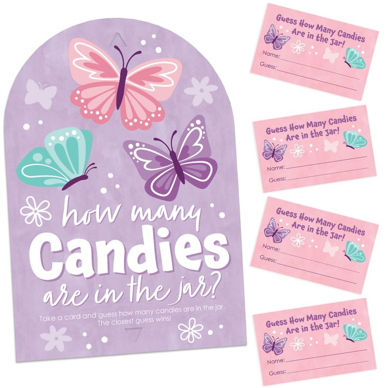 Big Dot of Happiness Beautiful Butterfly - How Many Candies Floral Baby Shower or Birthday Party Game - 1 Stand and 40 Cards - Candy Guessing Game, 1 of 9