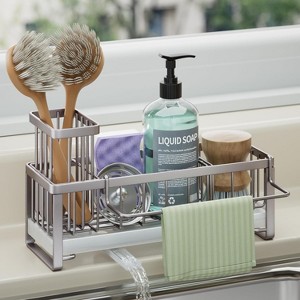 Sponge Holder for Kitchen Sink, Self-draining Sink Caddy with Brush and Dishcloth Holders, Stainless - 1 of 4