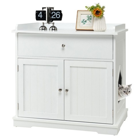 Tangkula Wooden Cat Litter Box Enclosure W/ Drawer Side Table Furniture ...