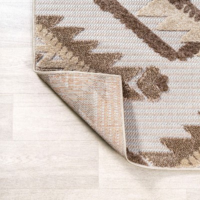 Ivory and Brown Geometric Synthetic 4' x 6' Indoor/Outdoor Rug