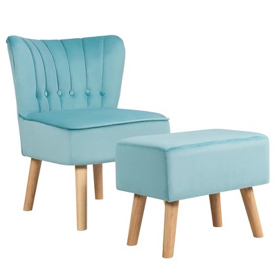 Costway Leisure Chair and Ottoman Thick Padded Button Tufted Sofa Set w/ Wood Legs Pink\ Blue\Green