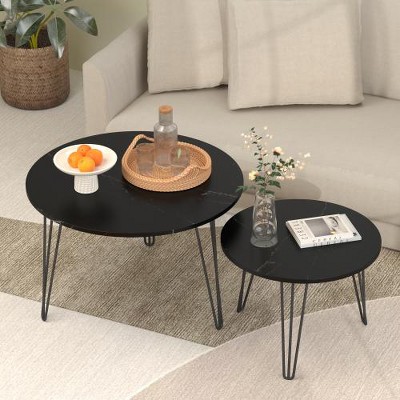 LIVAREEmlen Round Nesting Coffee Table Set of 2, Circular Nesting End Table Set, Round Marble Tabletop, and Sturdy Metal, Black