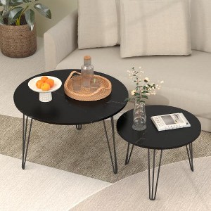 LIVAREEmlen Round Nesting Coffee Table Set of 2, Circular Nesting End Table Set, Round Marble Tabletop, and Sturdy Metal, Black - 1 of 4