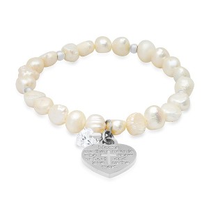 Steeltime Ladies freshwater pearls, stainless steel "Moms are...." heart charm and simulatd heart shape diamond beaded bracelet - 1 of 4