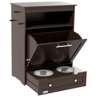 DSVIMOY Pet Feeder Station, Storage Cabinet Dog Food Storage Container with Raised Dog Bowls and Hanger, Brown, 24"*14"*32.25"