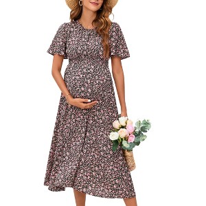Women's Maternity Boho Ruffles Short Sleeve Dress Floral Smocked Scoop Neck Midi Dress for Baby Shower Photoshoot - 1 of 4