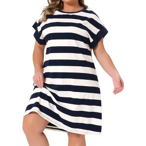 Agnes Orinda Women's Plus Size Striped Printed Short Sleeve Crewneck Midi Casual Tunic Dress - 1 of 4