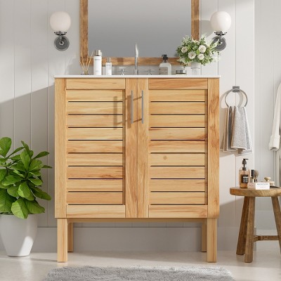 30" Antique Bathroom Floor Cabinet With Ceramic Sink,Bathroom Floor Cabinet With 2 Soft-Close Doors And Adjustable shelf-Cuddlewood