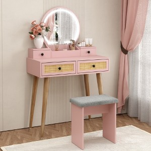 Brafabhome Makeup Vanity Desk with Lighted Mirror & Cushioned Stool, Modern Dressing Table Set with 4 Drawers & Storage Shelf for Bedroom Makeup Room - 1 of 4