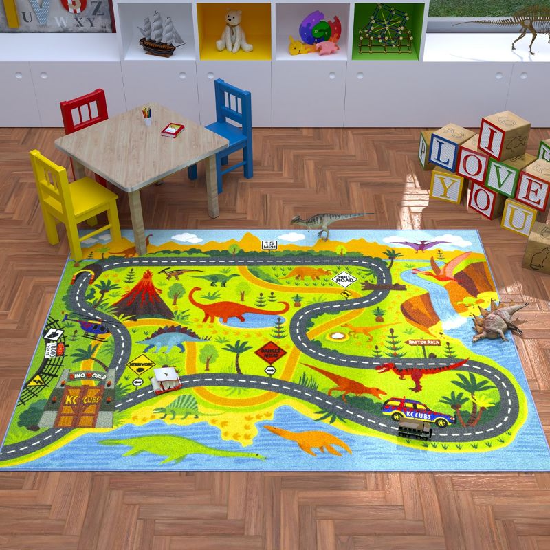 KC CUBS Boy & Girl Kids Dinosaur Dino Car Vehicle Traffic Road Educational Learning & Game Play Nursery Bedroom Classroom Rug Carpet, 4 of 11
