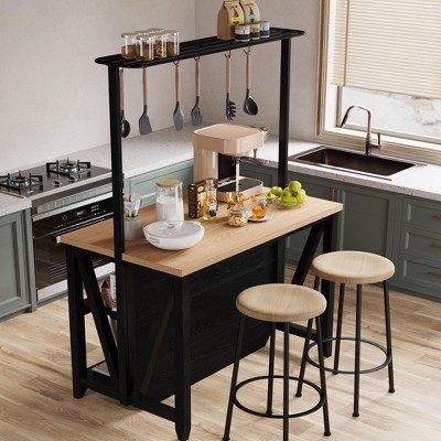 Bakers Rack with Storage, Large Kitchen Island Table with 3 Tier Microwave Stand Oven Shelf