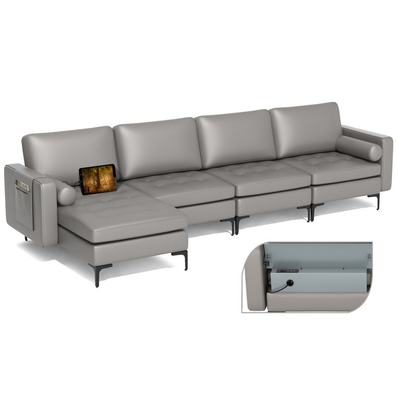 Costway Modular L-shaped Sectional Sofa with  Reversible Chaise & 4 USB Ports Coral Pink/Grey, 1 of 11