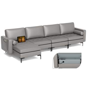 Costway Modular L-shaped Sectional Sofa with  Reversible Chaise & 4 USB Ports Coral Pink/Grey