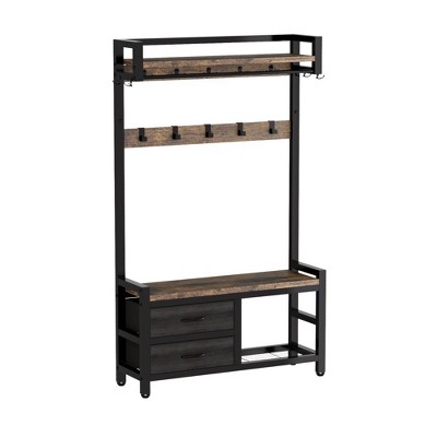 KTMBDW Hall Tree with Bench and Shoe Storage, 5-in-1 Entryway Bench with Coat Rack, Shoe Cubbies & Coat Hooks, Rustic Brown