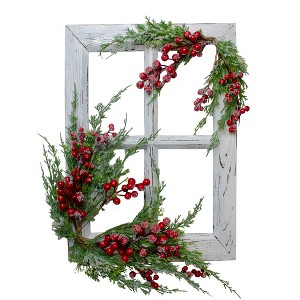 Northlight 24" White Washed Window with Frosted Berries and Cedar Christmas Wall Decor - 1 of 4