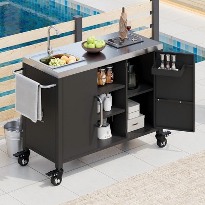 Lycvki 55.5" Metal Outdoor Kitchen Cart with Sink and 4 Lockable Wheels for Pizza Prep & BBQ