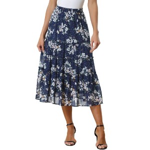 INSPIRE CHIC Women's Floral Elastic Waist Tiered Ruffle Boho Midi Skirts - 1 of 4