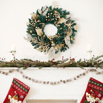18 inch Christmas Wreath, Pre-Lit Xmas Wreath with Bow and Christmas Balls, Christmas Decorations, Christmas Wreath for Front Door, Windows