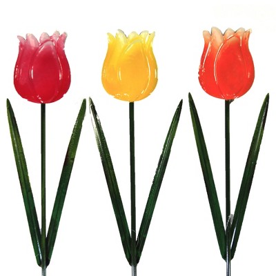 Home & Garden 36.0" Bright Colored Tulips Pokes Set / 3 Yard Decor Flower Stake Direct Designs International  -  Decorative Garden Stakes