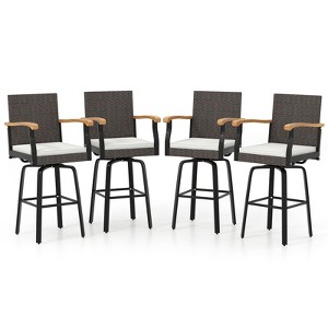 Tangkula 4 PCS Outdoor Rattan 360 degree Swivel Bar Stool w/ Removable Cushion Footrests - 1 of 4