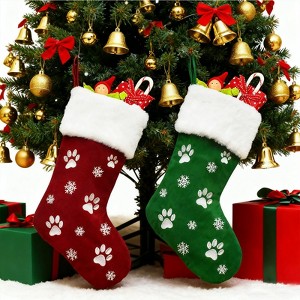 FIONECA 2pcs Large Christmas Stockings Dog Paw Print Snowflake Pattern Hanging Stockings Red Green Christmas Decorations Gift Bag Hanging Ornament - 1 of 4