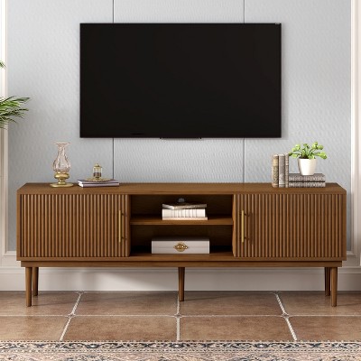 75"W TV Stand TV Console Storage Cabinet Entertainment Center Sideboard with Vertical Striped and Sliding Door, Brown/Black-Christopher Knight Home