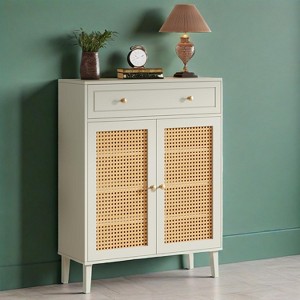 KTMBDW Shoe Cabinet, 4-Tier Shoe Storage Cabinet with Drawer & Adjustable Shelves, Wooden Shoe Rack Organizer with Rattan Doors for Entryway, Hallway - 1 of 4