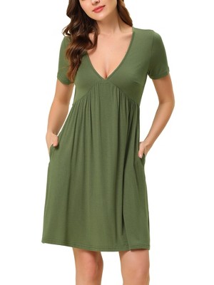 cheibear Women's Deep V Neck Short Sleeve Soft Stretchy Pajama Dress