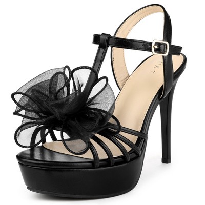 Perphy Women's T-Strap Mesh Bow Slingback Platform Stiletto High Heel Sandals