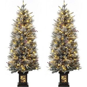 4.5FT Prelit Premium Snow Flocked Artificial Christmas Tree with 8 Mode Warm White LED, Mini Prelit Xmas Pine Tree, Snowflake Vintage Base - 1 of 4