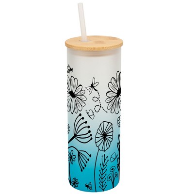 Elanze Designs Dragonfly Butterfly Bee Flower Garden Wrap-Around Design 25 Ounce Frosted Gradient Glass On-The-Go Coffee Travel Skinny Tumbler Mug