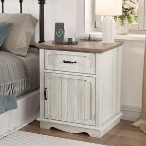 Nightstand with Charging Station & Adjustable Shelf, Side Table End Table, White Oak & brown - 1 of 4
