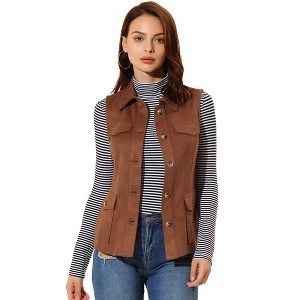 INSPIRE CHIC Women's Buttoned Sleeveless Faux Suede Utility Vest with Cargo Pocket - 1 of 4