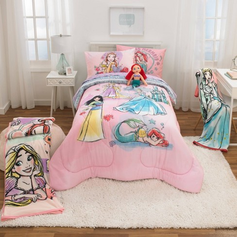 Wajade Kids Pink Princess Comforter Set Bed in a Bag Twin Size 7 Piece  Princess Fairy Tales Castle Bedding Set for Girls (1 Comforter, 1 Flat  Sheet, 1