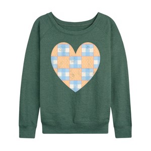 Women's - Instant Message - Patchwork Quilt Heart Lightweight French Terry Wide Neck Long Sleeve Graphic Shirt - 1 of 4