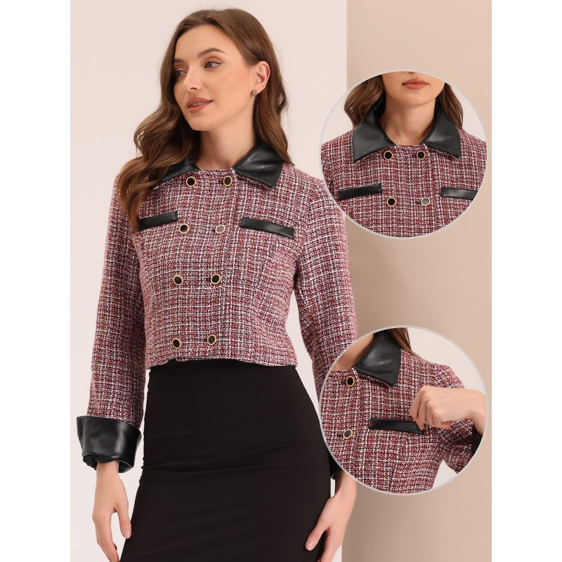 Allegra K Women's Tweed Plaid Contrast Collar Double Breasted Vintage Cropped Jackets, 2 of 6